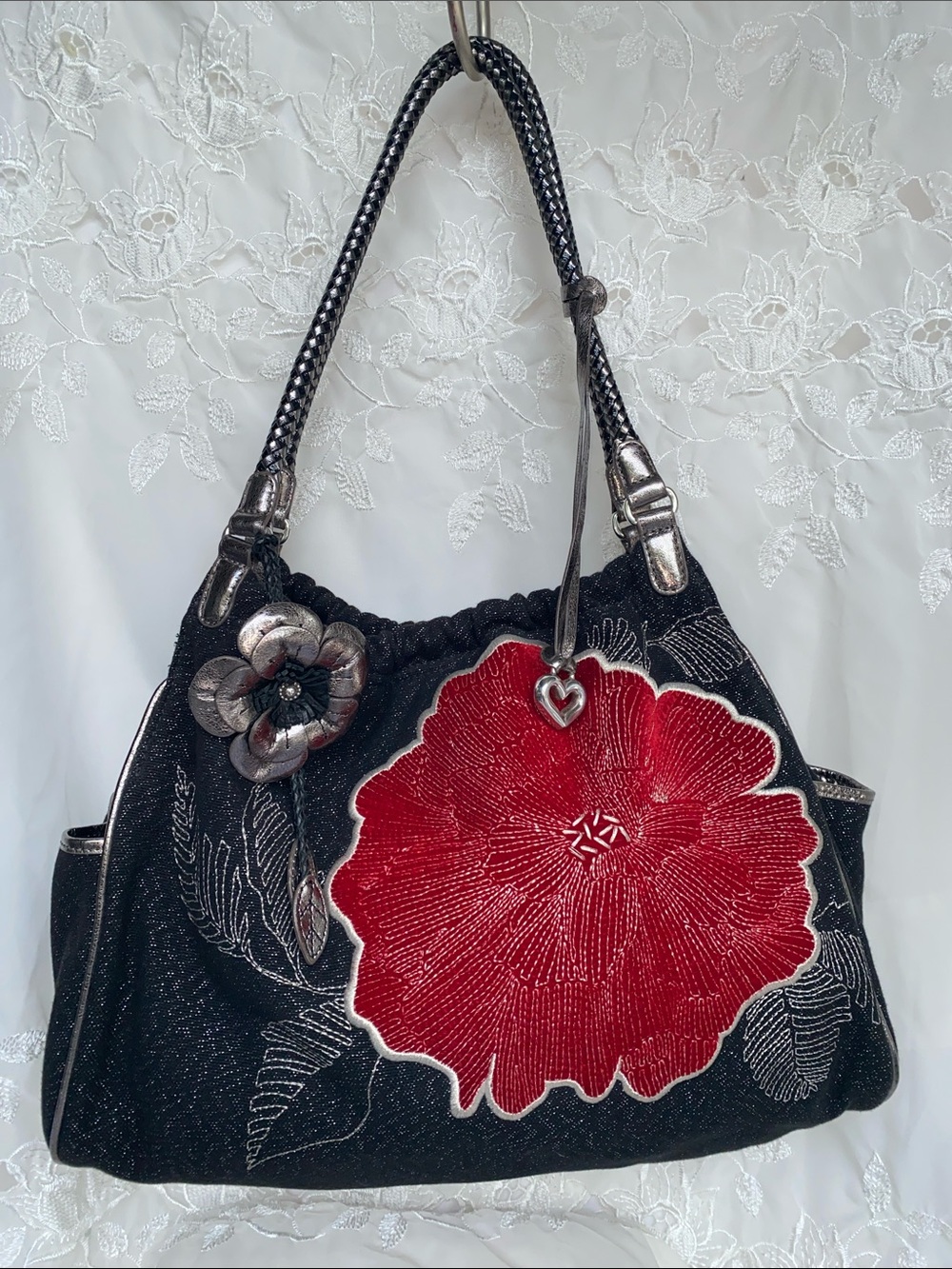 Brighton Lynden Glitter Glam Black Shoulder Bag With Red Flower